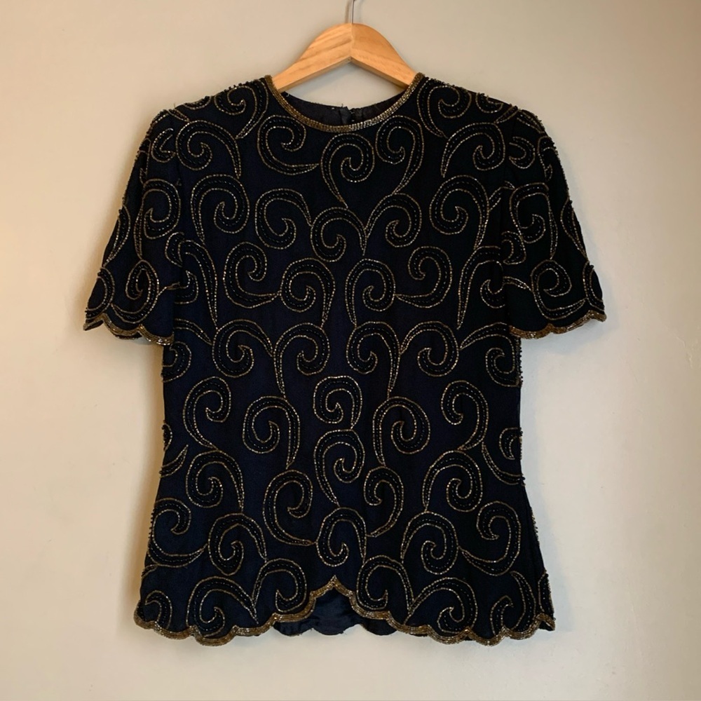 Vintage Black Silk Beaded Blouse Gold Swirl Evening Top No Tag Formal Glam